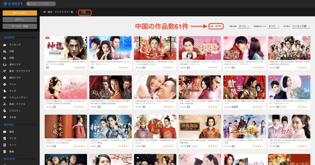 U-NEXTの中国作品一覧